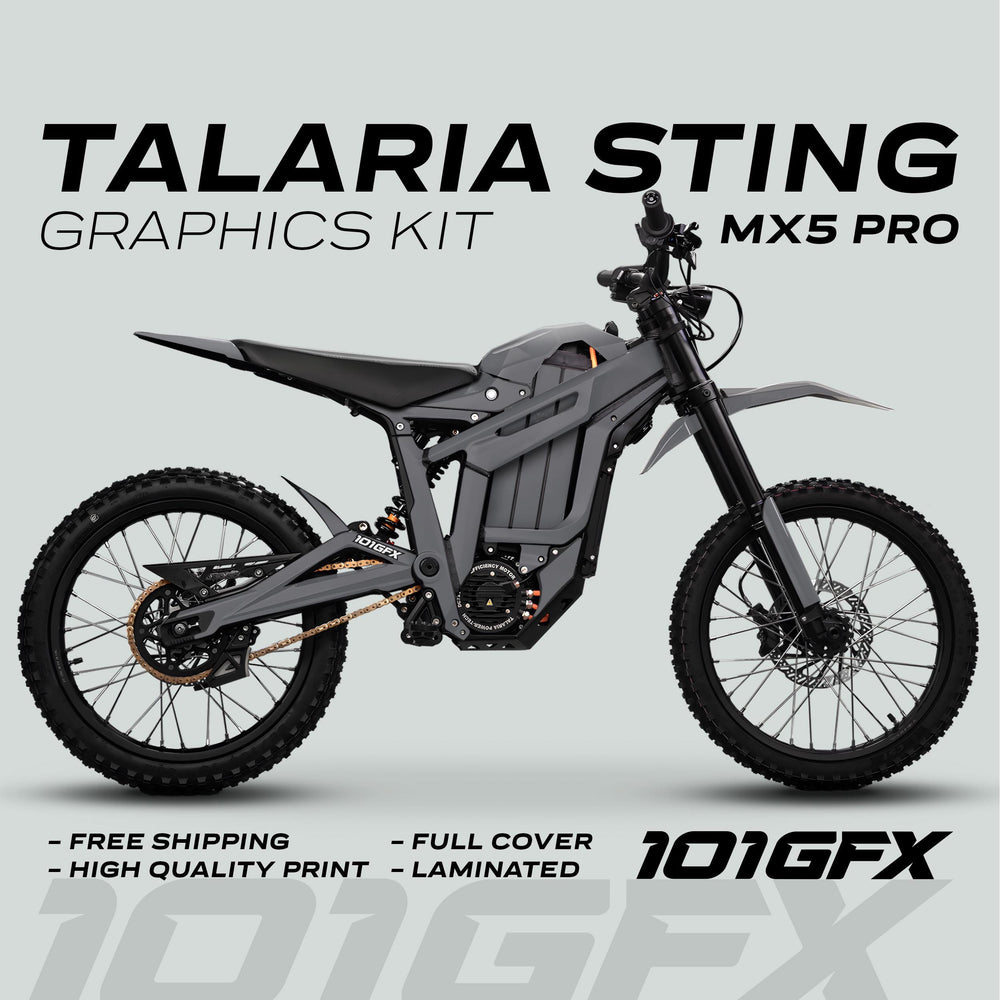 Talaria Sting MX5 PRO Graphics Kit SOLID COLOR Grey Decals on a matte gray electric dirt bike, featuring full coverage, high-quality print, and free shipping.