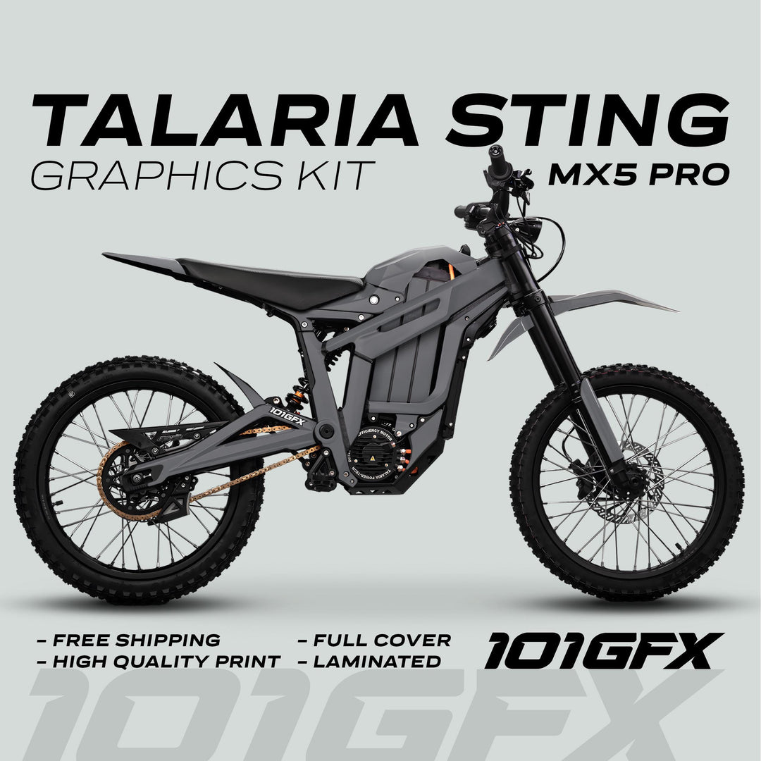Talaria Sting MX5 PRO Graphics Kit SOLID COLOR Grey Decals on a matte gray electric dirt bike, featuring full coverage, high-quality print, and free shipping.