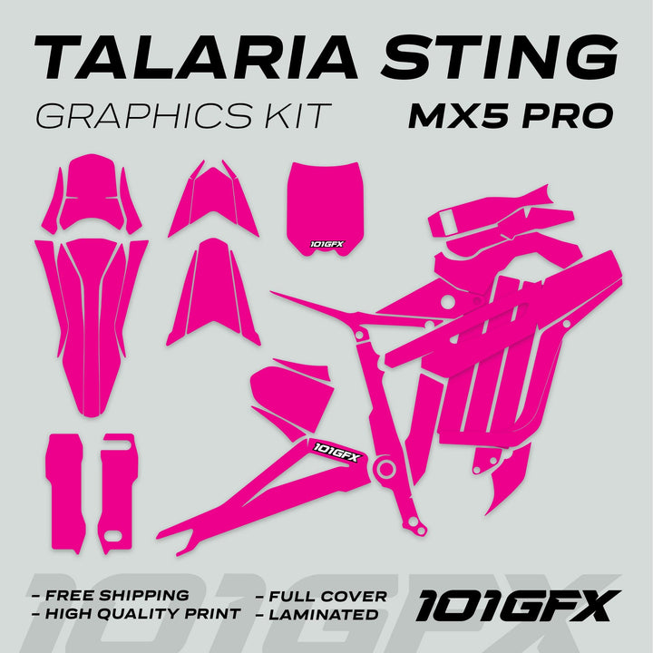 Talaria Sting MX5 PRO Graphics Kit SOLID COLOR Magenta Decals, featuring full coverage vinyl shapes for a stylish upgrade, with branding highlights like free shipping and durability.