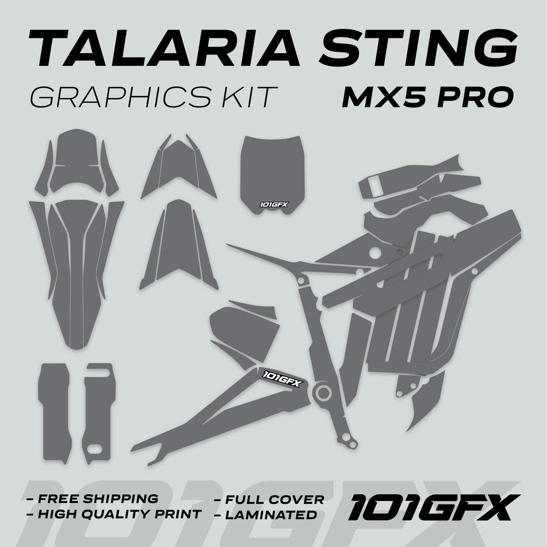 Talaria Sting MX5 PRO Graphics Kit SOLID COLOR Grey Decals, featuring die-cut shapes, free shipping, high-quality print, full cover, laminated, with 101GFX branding.