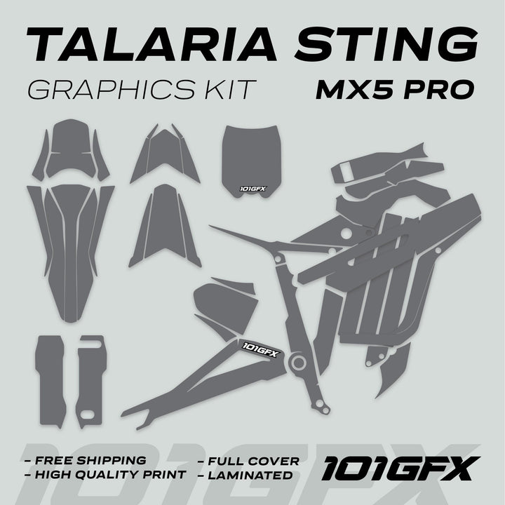 Talaria Sting MX5 PRO Graphics Kit SOLID COLOR Grey Decals, featuring die-cut shapes, free shipping, high-quality print, full cover, laminated, with 101GFX branding.