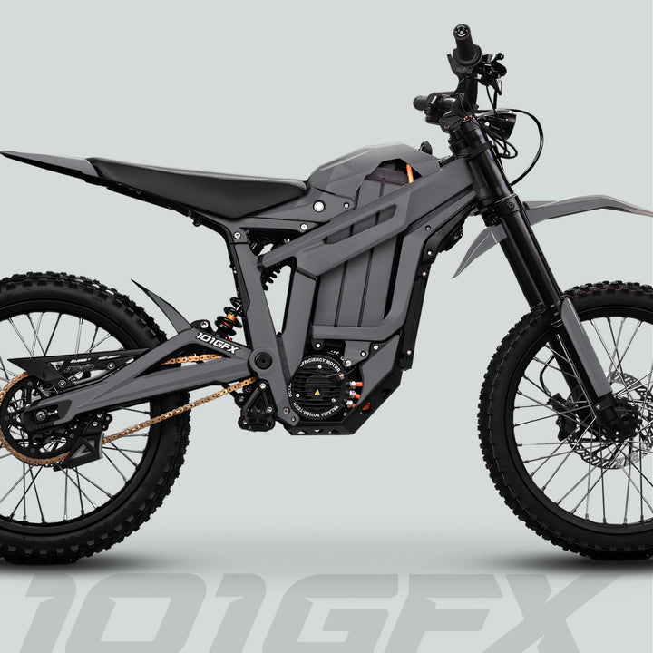 Side-view of Talaria Sting MX5 PRO with SOLID COLOR Grey Decals, highlighting its electric motor, knobby tires, and sleek off-road design.