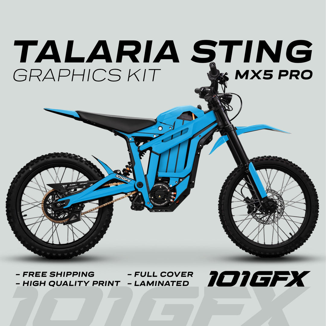 Talaria Sting MX5 PRO Graphics Kit SOLID COLOR Cyan Decals displayed on an electric off-road bike, highlighting full coverage, high-quality print, and free shipping.
