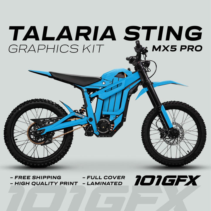 Talaria Sting MX5 PRO Graphics Kit SOLID COLOR Cyan Decals displayed on an electric off-road bike, highlighting full coverage, high-quality print, and free shipping.