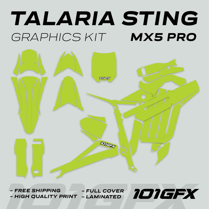 Talaria Sting MX5 PRO Graphics Kit SOLID COLOR Green Decals laid out with text: “Free shipping,” “High quality print,” “Full cover,” “Laminated.”