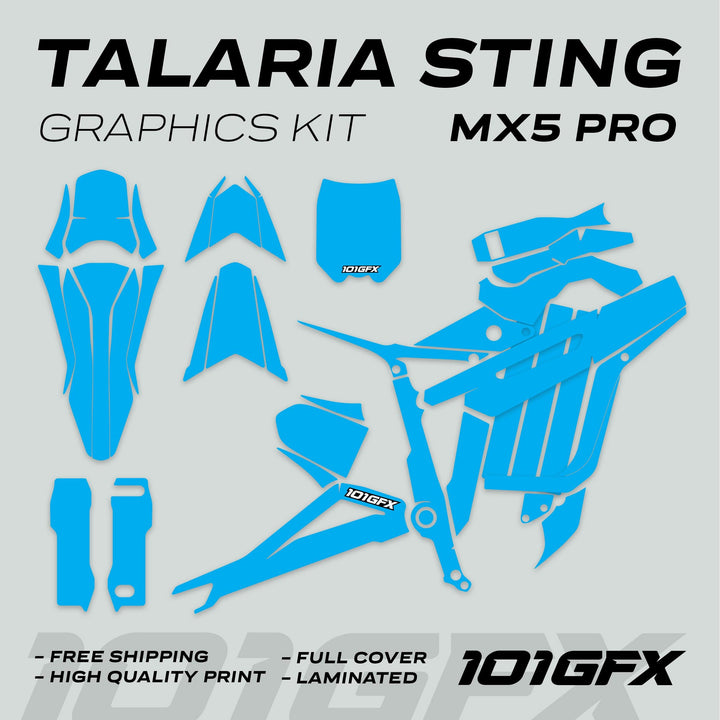 Talaria Sting MX5 PRO Graphics Kit SOLID COLOR Cyan Decals, showcasing individual decal shapes, branding, and features like full coverage and high quality for electric dirt bikes.