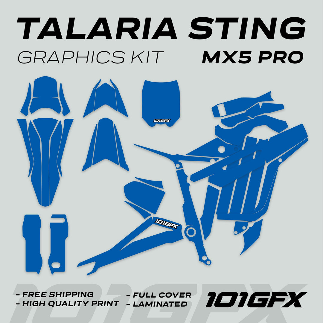 Talaria Sting MX5 PRO Graphics Kit SOLID COLOR Blue Decals laid flat, showcasing parts and features like full coverage, durability, and easy application with 101GFX branding.