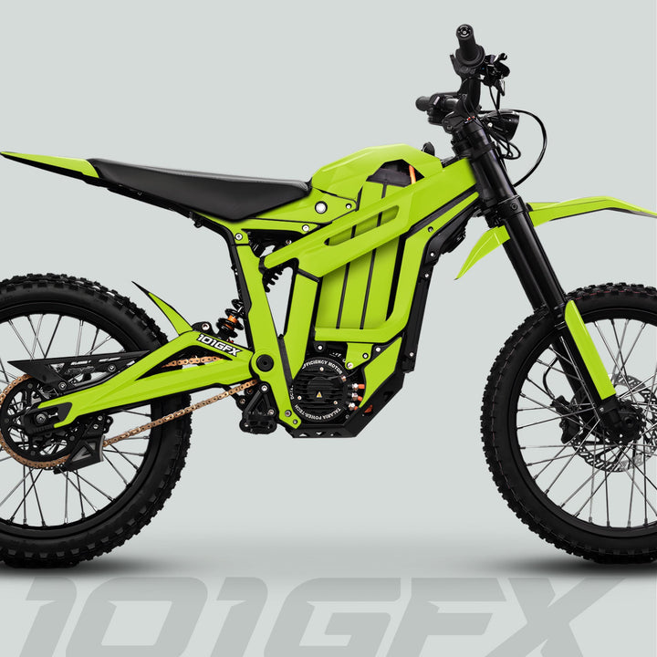 Talaria Sting MX5 PRO Graphics Kit SOLID COLOR Green Decals on neon-green electric dirt bike, highlighting off-road tires, central motor, and model “101GFX” on swingarm.