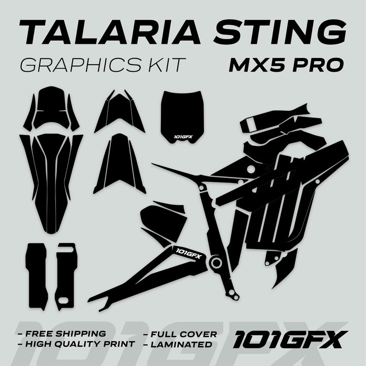 Talaria Sting MX5 PRO Graphics Kit SOLID COLOR BLACK Decals mock-up, featuring silhouette shapes of decals on a light gray background, highlighting features like full coverage and high quality.