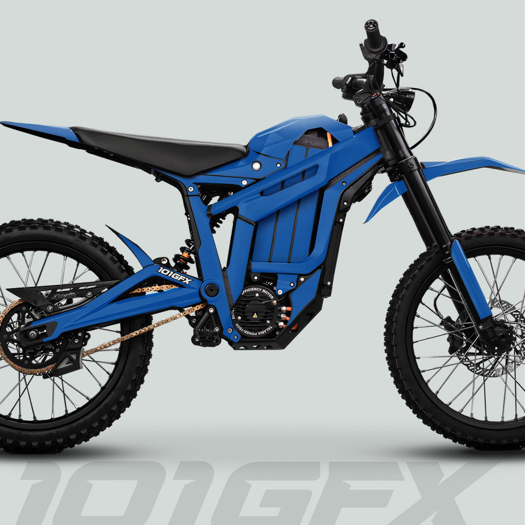 Talaria Sting MX5 PRO Graphics Kit SOLID COLOR Blue Decals on an off-road electric motorcycle with high-clearance frame, knobby tires, and minimalist design.