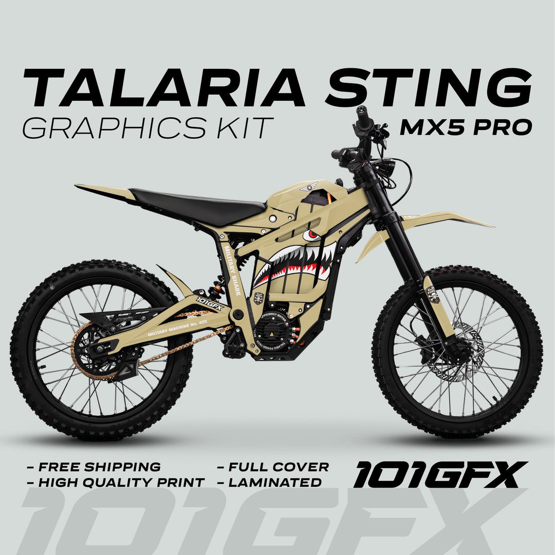 Talaria Sting MX5 PRO Graphics Kit MILITARY SHARK Sand Decals featuring shark-mouth artwork, full coverage, laminated, with highlights on free shipping and high-quality print.