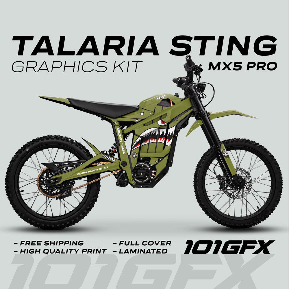 Talaria Sting MX5 PRO Graphics Kit MILITARY SHARK Olive Decals on a green electric bike, featuring shark-mouth livery, promoting durability and easy installation with free shipping.