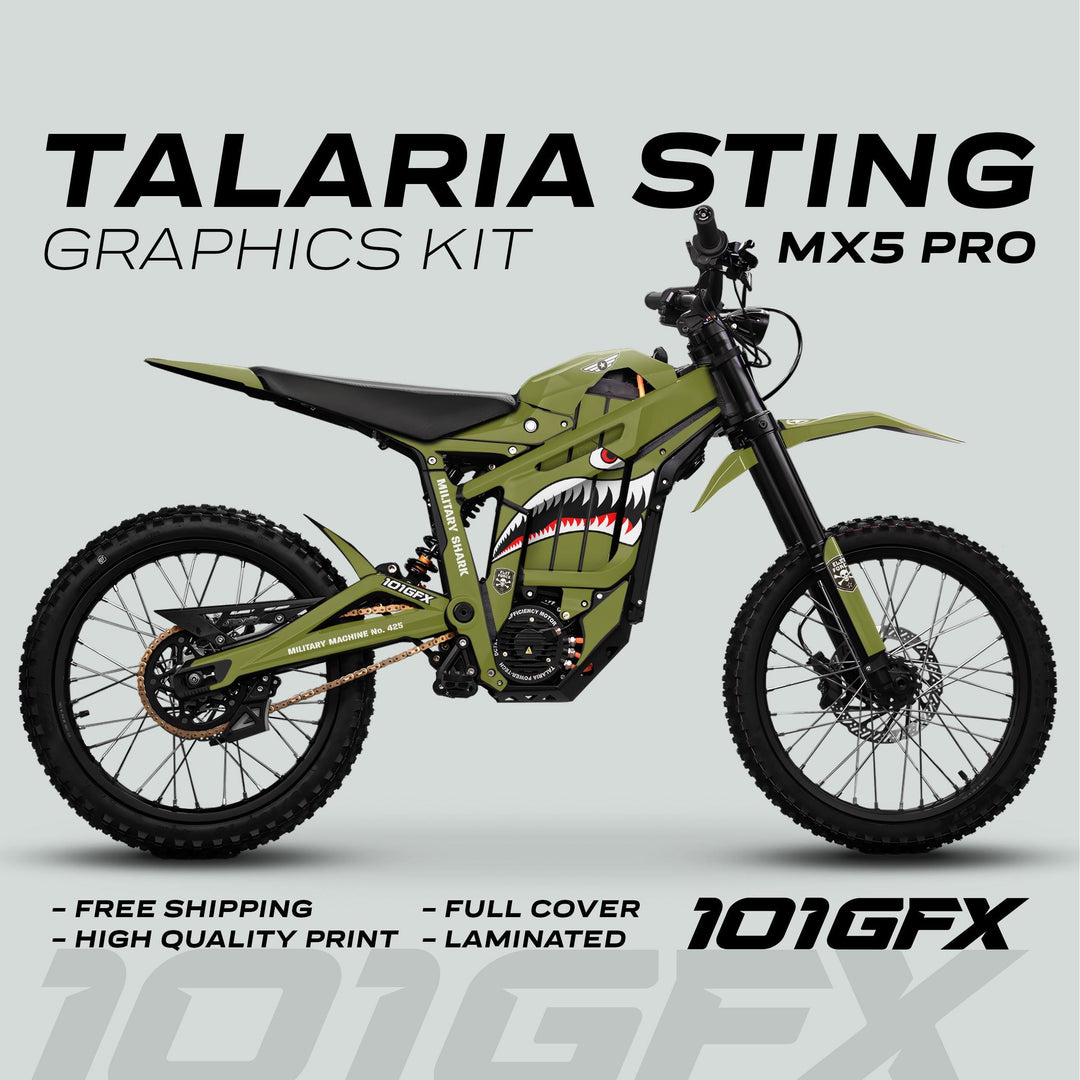 Talaria Sting MX5 PRO Graphics Kit MILITARY SHARK Olive Decals on a green electric bike, featuring shark-mouth livery, promoting durability and easy installation with free shipping.