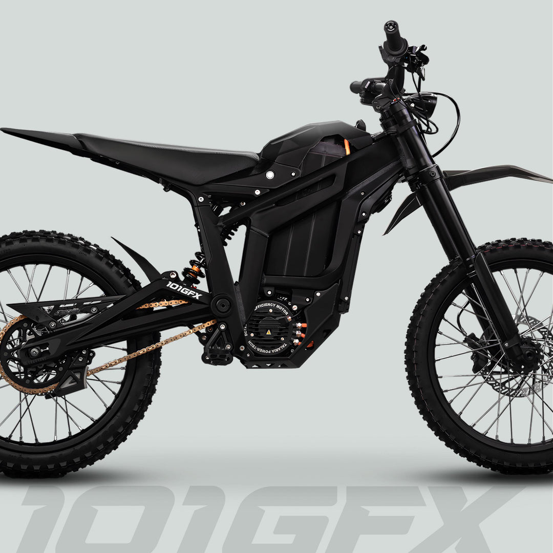 Talaria Sting MX5 PRO Graphics Kit SOLID COLOR BLACK Decals on an electric dirt bike, highlighting off-road tires, battery, and motor with 101GFX badging.