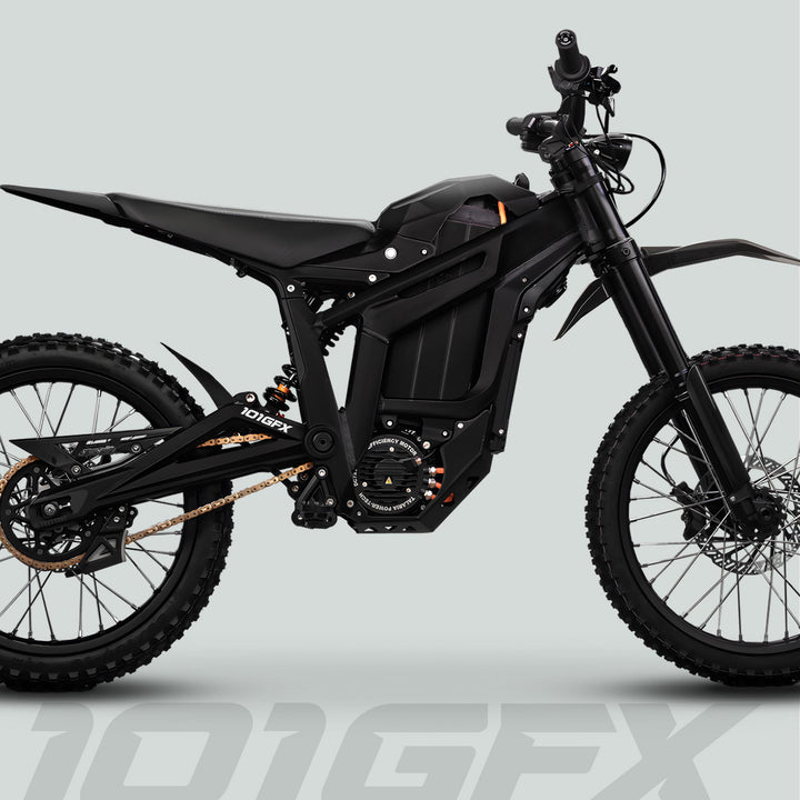 Talaria Sting MX5 PRO Graphics Kit SOLID COLOR BLACK Decals on an electric dirt bike, highlighting off-road tires, battery, and motor with 101GFX badging.