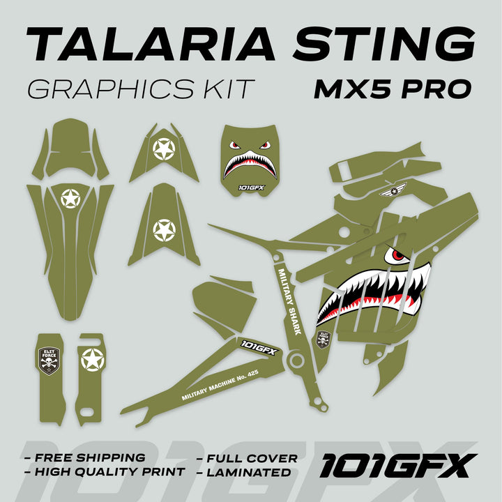 Talaria Sting MX5 PRO Graphics Kit MILITARY SHARK Olive Decals with shark-mouth, stars, and skull designs, pre-cut for full body coverage, featuring easy application and durability.