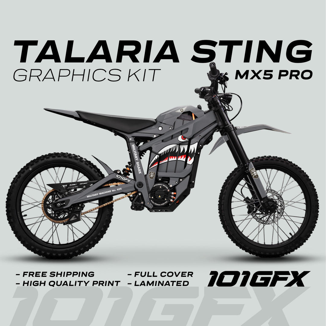 Talaria Sting MX5 PRO Graphics Kit MILITARY SHARK Grey Decals in shark-mouth design; features free shipping, high-quality print, full cover, laminated for durability.