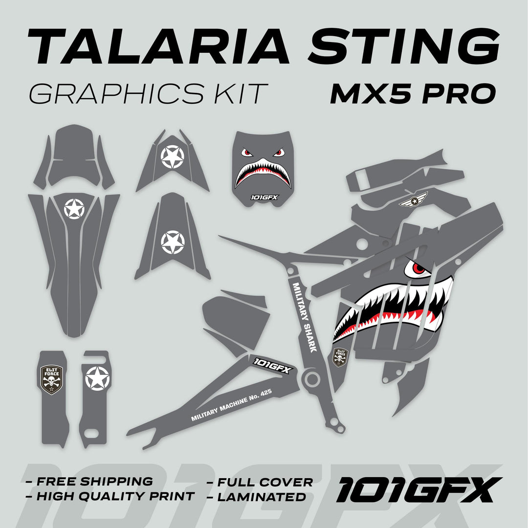 Talaria Sting MX5 PRO Graphics Kit featuring MILITARY SHARK Grey Decals with shark mouth, red eye, and badges; includes fender, side panels, and more.