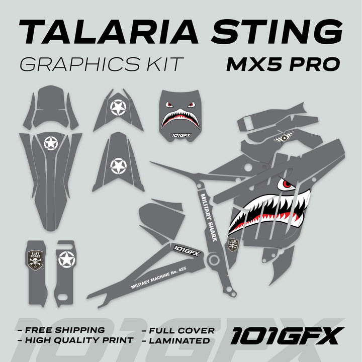 Talaria Sting MX5 PRO Graphics Kit featuring MILITARY SHARK Grey Decals with shark mouth, red eye, and badges; includes fender, side panels, and more.