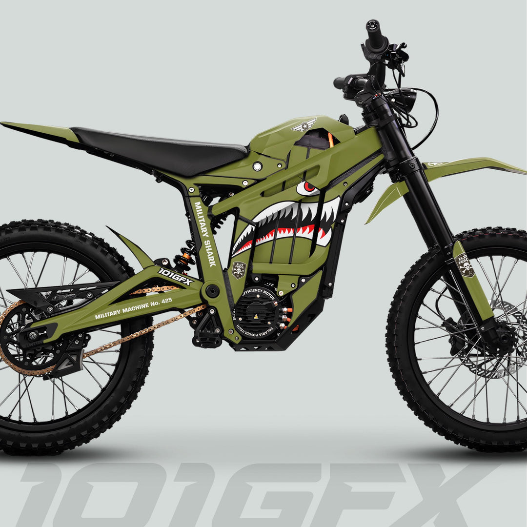 Talaria Sting MX5 PRO Graphics Kit MILITARY SHARK Olive Decals on e-dirt bike, featuring shark mouth graphic and rugged design for a bold transformation.