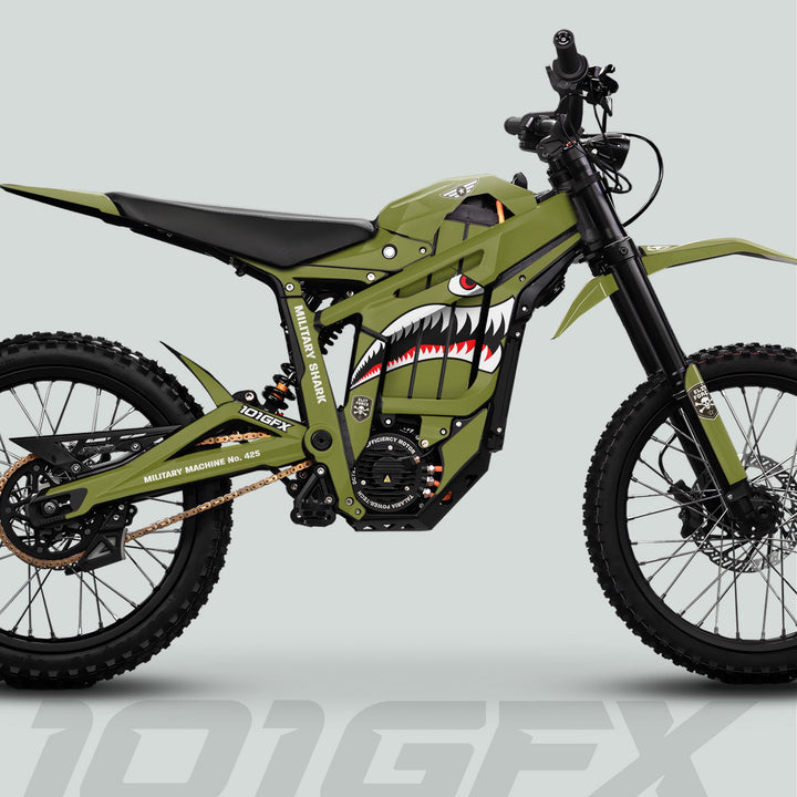 Talaria Sting MX5 PRO Graphics Kit MILITARY SHARK Olive Decals on e-dirt bike, featuring shark mouth graphic and rugged design for a bold transformation.
