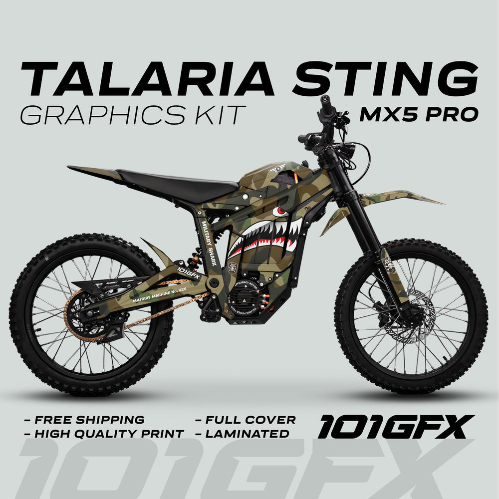 Talaria Sting MX5 PRO Graphics Kit MILITARY SHARK camo decals on electric bike, highlighting full coverage, durability, high-quality print, and free shipping. 101GFX logo visible.