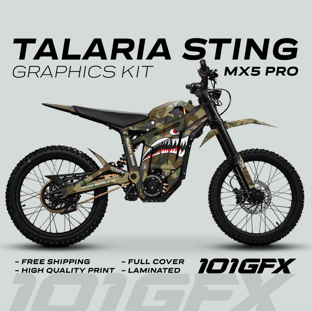 Talaria Sting MX5 PRO Graphics Kit MILITARY SHARK camo decals on electric bike, highlighting full coverage, durability, high-quality print, and free shipping. 101GFX logo visible.