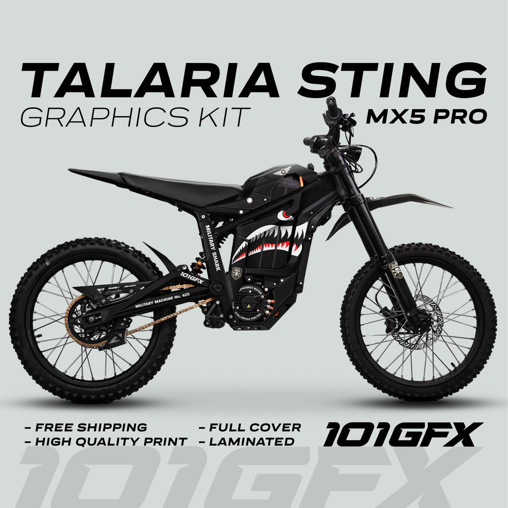 Talaria Sting MX5 PRO Graphics Kit MILITARY SHARK Black Decals on e-dirtbike, showcasing shark-mouth design, full coverage, laminated finish, and high-quality print.