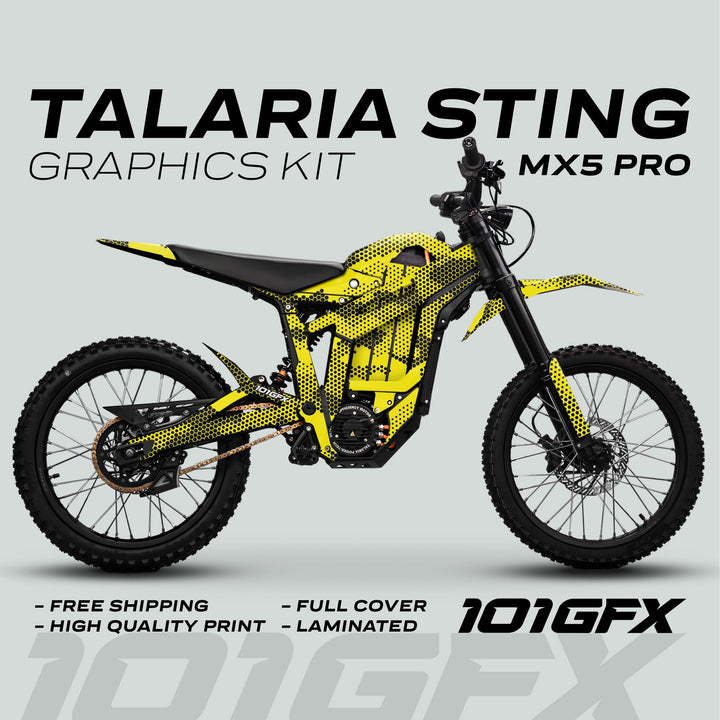 Talaria Sting MX5 PRO Graphics Kit HEXOCAM YELLOW Decals, side-view, halftone design, free shipping, high-quality, full coverage, laminated, enhances Talaria Sting's style and durability.