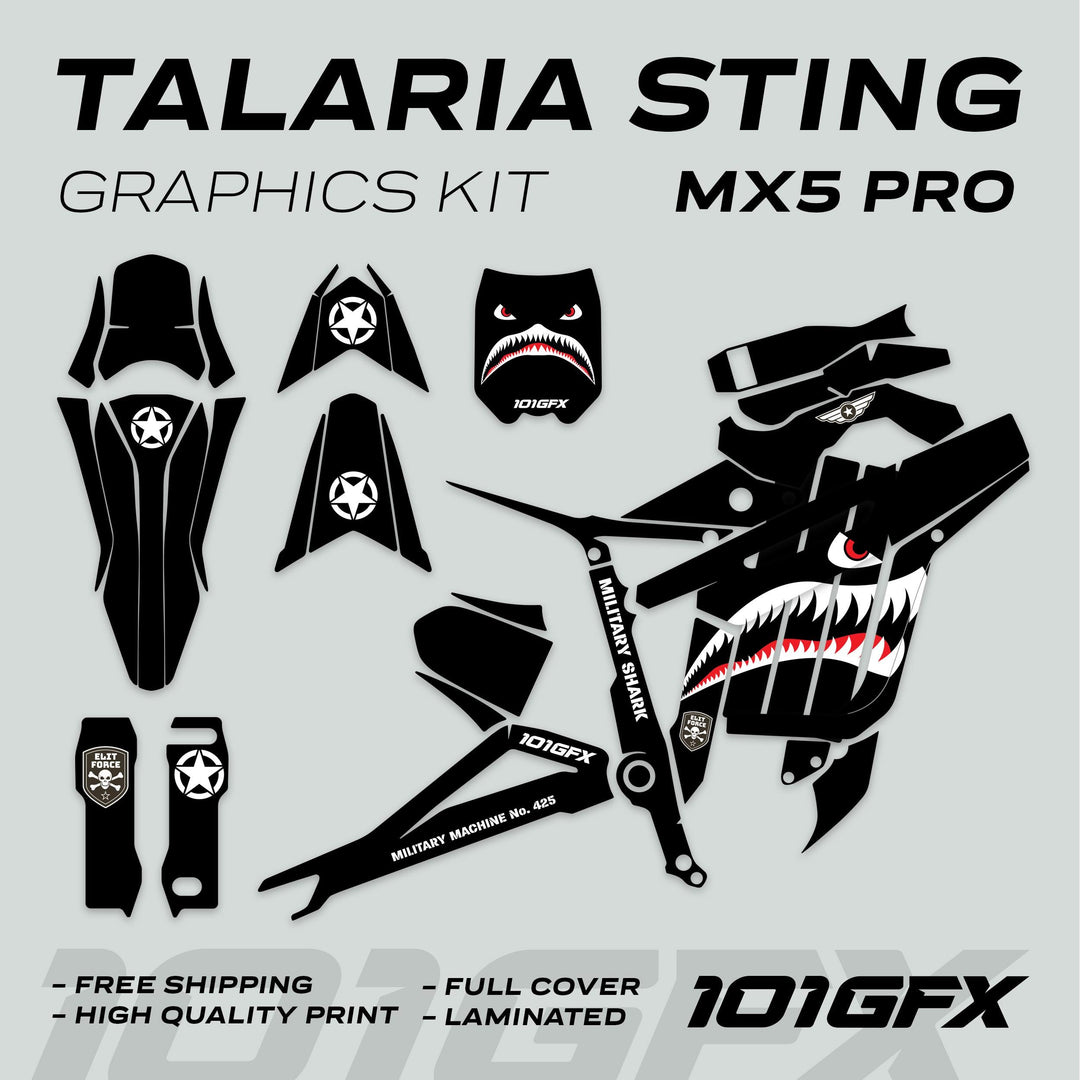 Talaria Sting MX5 PRO Graphics Kit MILITARY SHARK Black Decals featuring military shark theme, full coverage, with star insignias and text elements, enhancing scooter aesthetics.