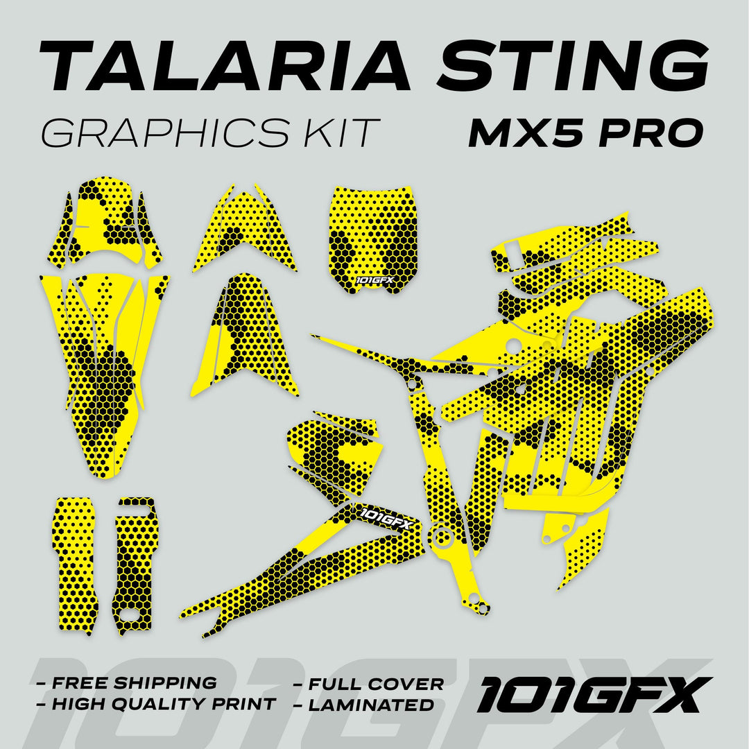 Talaria Sting MX5 PRO Graphics Kit HEXOCAM YELLOW Decals laid out, showcasing full coverage pieces with honeycomb pattern, highlighting features like high-quality, laminated, free shipping.