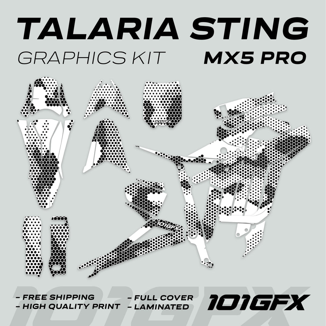 Talaria Sting MX5 PRO Graphics Kit HEXOCAM WHITE Decals laid out, featuring honeycomb pattern, highlighting full coverage, high-quality print, and easy application.