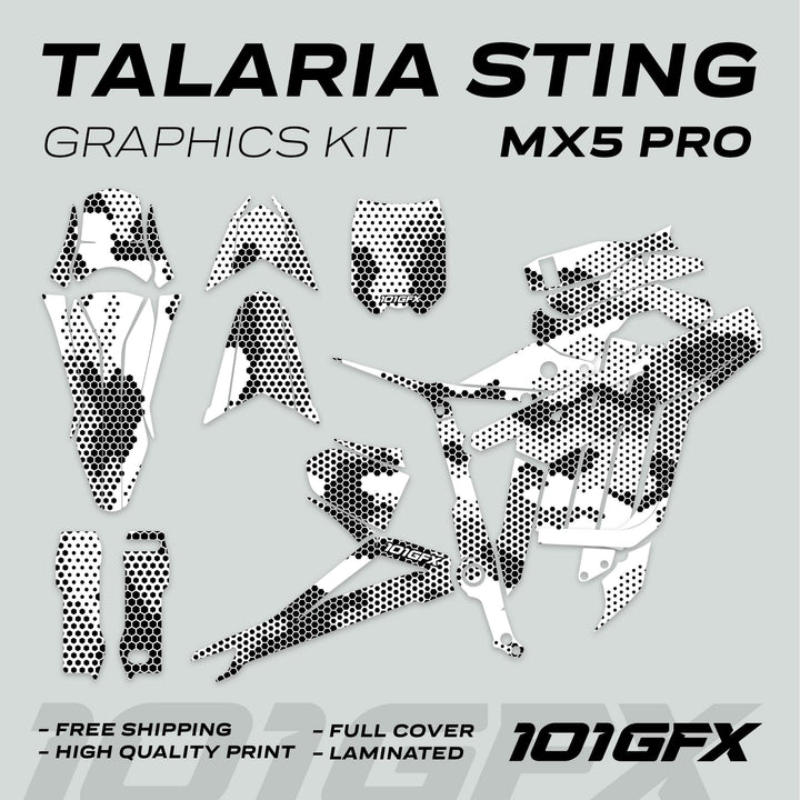 Talaria Sting MX5 PRO Graphics Kit HEXOCAM WHITE Decals laid out, featuring honeycomb pattern, highlighting full coverage, high-quality print, and easy application.