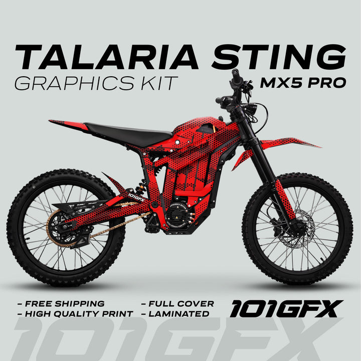 Talaria Sting MX5 PRO Graphics Kit HEXOCAM RED Decals on bike, showcasing full-coverage, gloss finish with features like high-quality print, laminated, and free shipping.