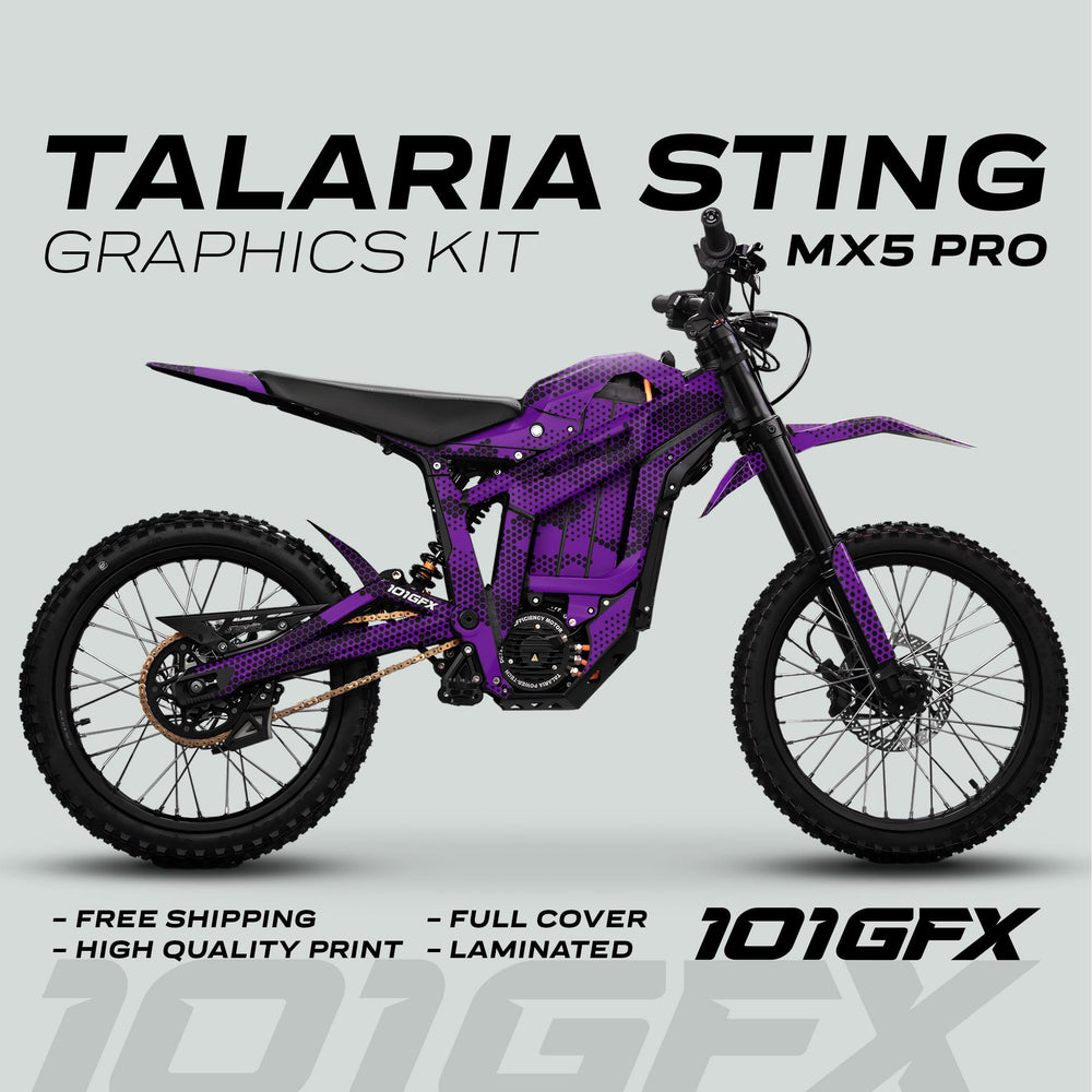Talaria Sting MX5 PRO Graphics Kit HEXOCAM PURPLE Decals with full-coverage, laminated finish on an electric off-road motorcycle, featuring free shipping and high-quality print.