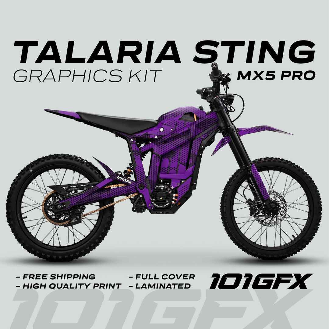 Talaria Sting MX5 PRO Graphics Kit HEXOCAM PURPLE Decals with full-coverage, laminated finish on an electric off-road motorcycle, featuring free shipping and high-quality print.