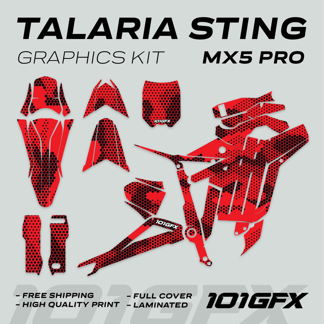 Talaria Sting MX5 PRO Graphics Kit HEXOCAM RED Decals laid out, featuring a honeycomb pattern, full coverage, and bold 101GFX branding, ideal for upgrading dirt bike aesthetics.