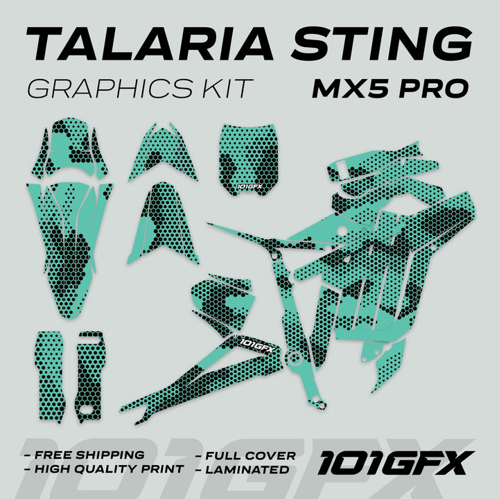 Talaria Sting MX5 PRO Graphics Kit HEXOCAM MINT Decals, showcasing pre-cut vinyl pieces with teal-and-black patterns, emphasizing full coverage and durability.