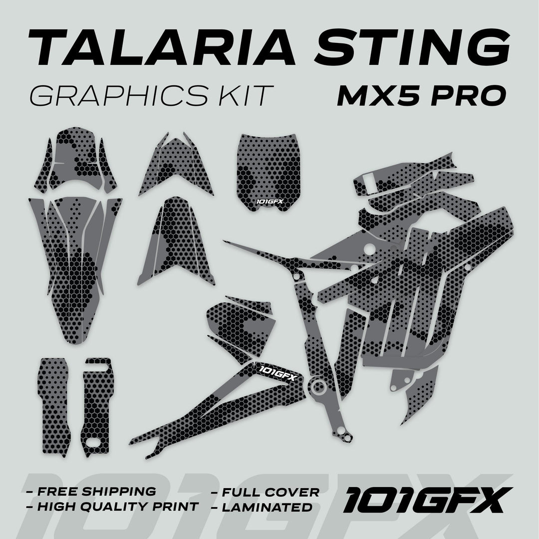 Talaria Sting MX5 PRO Graphics Kit HEXOCAM GREY Decals, showcasing die-cut pieces in hex-dot camo, includes fenders, panels, and fork guards with 101GFX branding and quality highlights.