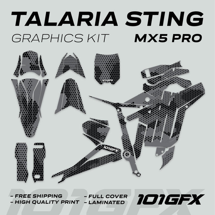 Talaria Sting MX5 PRO Graphics Kit HEXOCAM GREY Decals, showcasing die-cut pieces in hex-dot camo, includes fenders, panels, and fork guards with 101GFX branding and quality highlights.