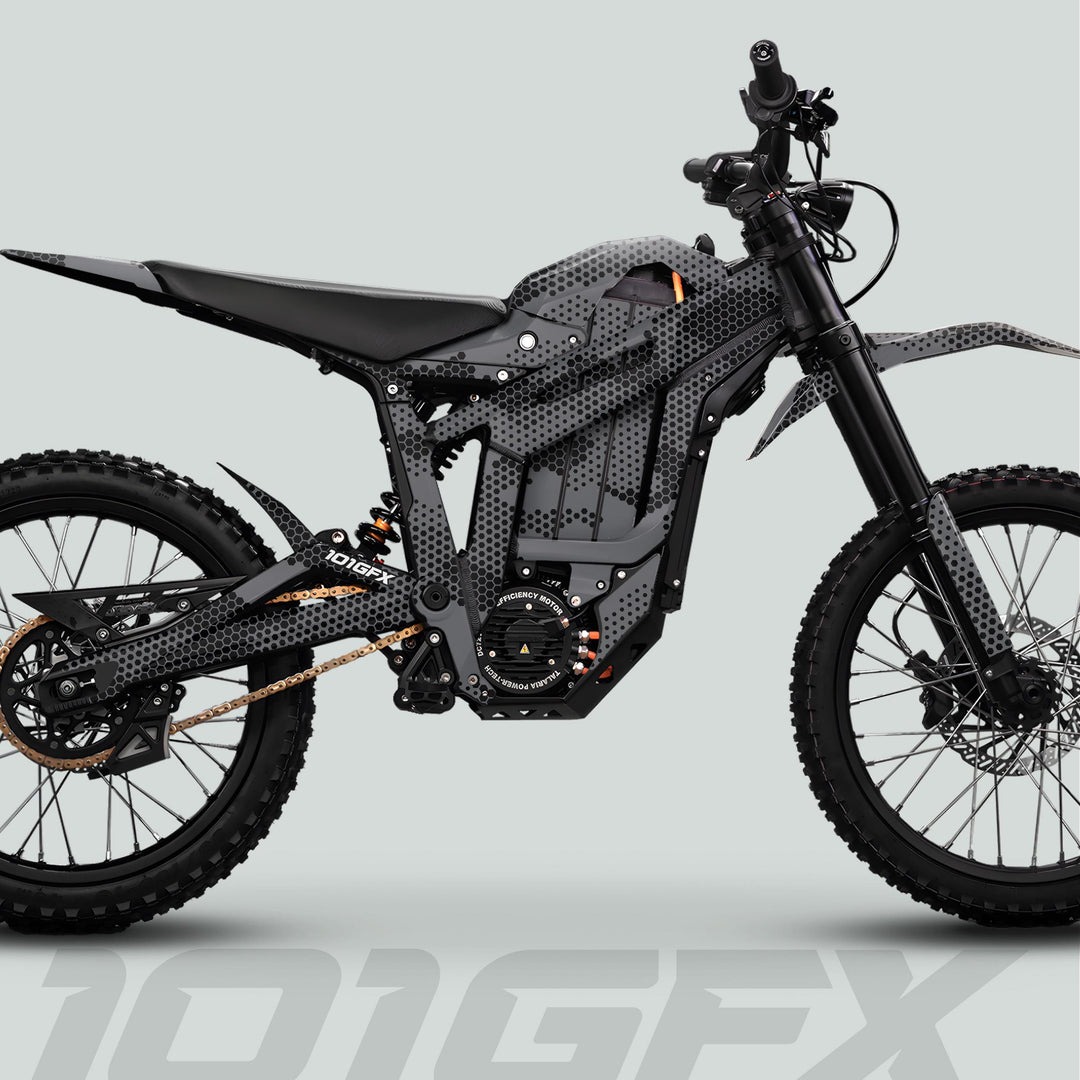 Talaria Sting MX5 PRO with HEXOCAM GREY Decals features a honeycomb wrap, trail tires, and sleek design for an adventurous, stylish upgrade.