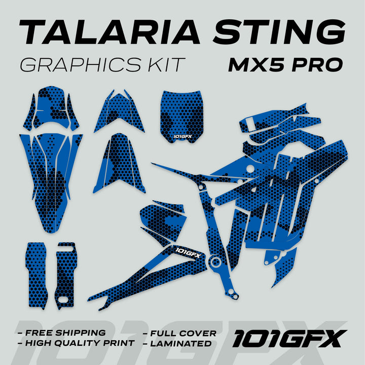 Talaria Sting MX5 PRO Graphics Kit HEXOCAM BLUE Decals, showcasing cut-out vinyl pieces in a halftone pattern with features like free shipping and high-quality print.