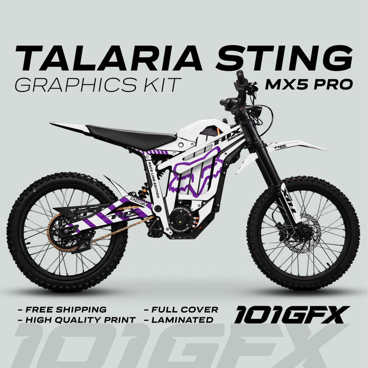 Talaria Sting MX5 PRO Graphics Kit FOX RACELINE features white and purple full-cover decals, highlighting high-quality print, durability, and free shipping for easy bike transformation.