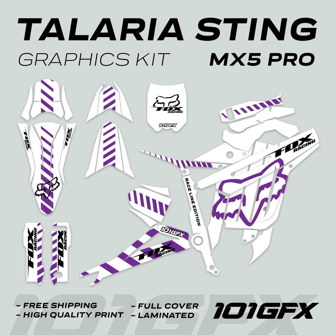 Talaria Sting MX5 PRO Graphics Kit FOX RACELINE with white base, purple stripes, Fox Racing logos, and full set of self-adhesive vinyl decals.
