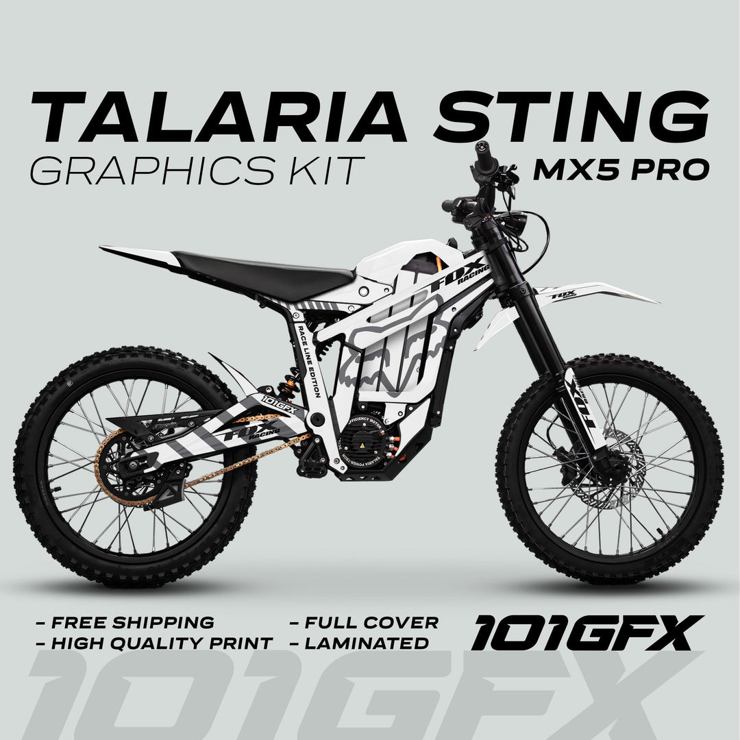 Talaria Sting MX5 PRO Graphics Kit FOX RACELINE White Grey Decals on e-bike; highlights: free shipping, high quality, full cover, laminated, with 101GFX logo.