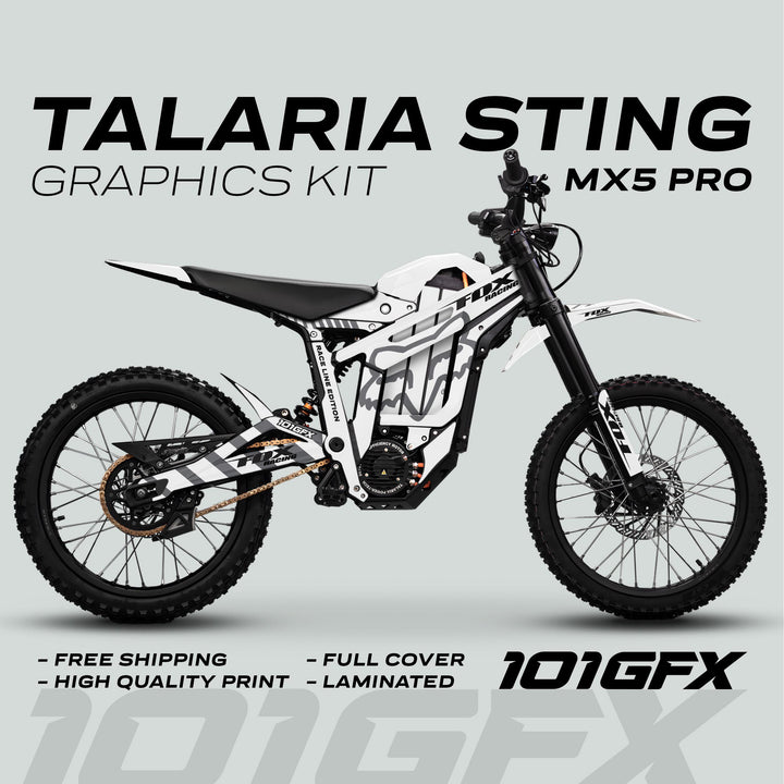 Talaria Sting MX5 PRO Graphics Kit FOX RACELINE White Grey Decals on e-bike; highlights: free shipping, high quality, full cover, laminated, with 101GFX logo.