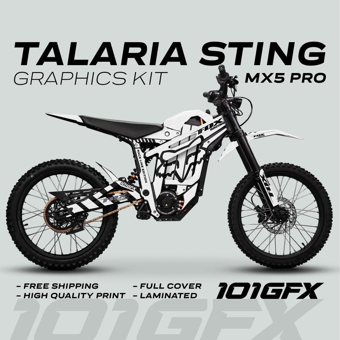 Talaria Sting MX5 PRO Graphics Kit FOX RACELINE, featuring a black-and-white full-cover decal on an off-road bike, highlighting free shipping and quality print.