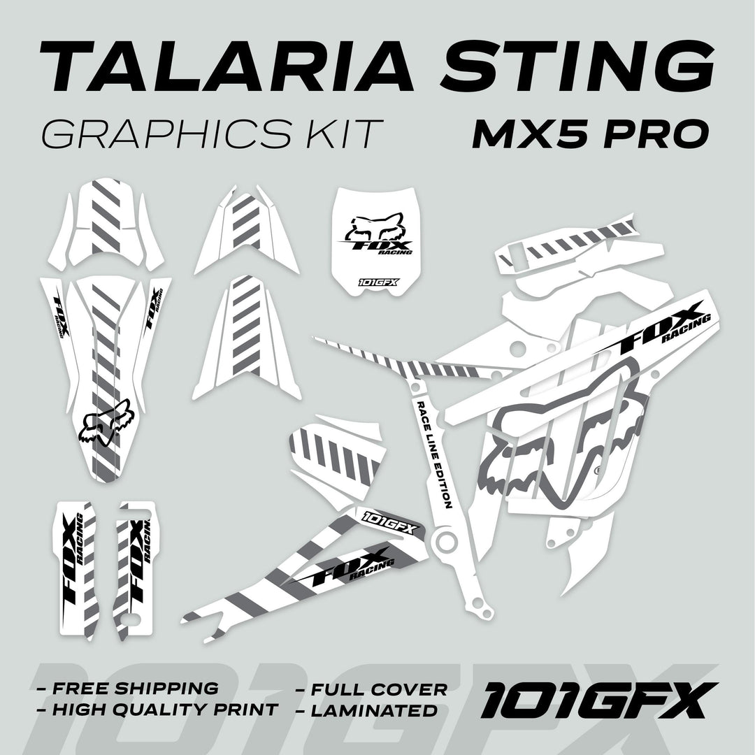 Talaria Sting MX5 PRO Graphics Kit FOX RACELINE showcases full-cover white-grey decals featuring Fox Racing logos, emphasizing durability, easy application, and free shipping.