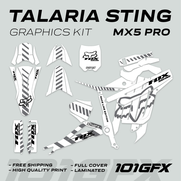 Talaria Sting MX5 PRO Graphics Kit FOX RACELINE showcases full-cover white-grey decals featuring Fox Racing logos, emphasizing durability, easy application, and free shipping.