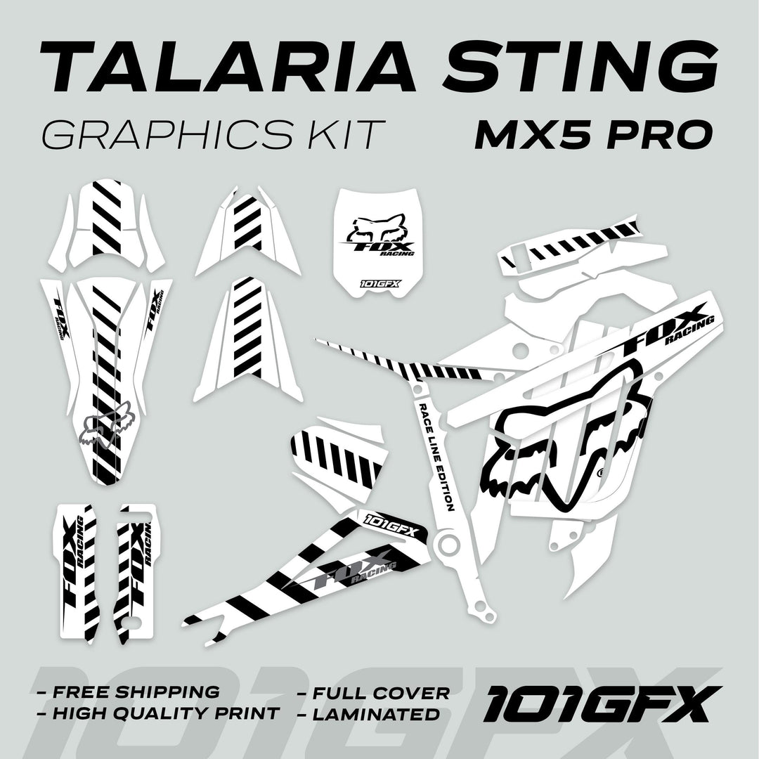 Talaria Sting MX5 PRO Graphics Kit, FOX RACELINE design, includes full-cover decals for bike parts, featuring black-and-white stripes with Fox Racing and 101GFX logos.